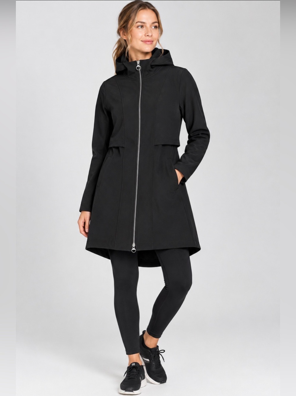 Athleta Black Hooded A-Line Jersey Zip Up Sz L
